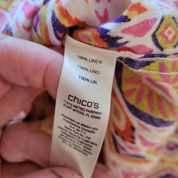 Chicos Top Shirt Womens Large Pink Linen Southwest Button Front Casual Career - Picture 13 of 16